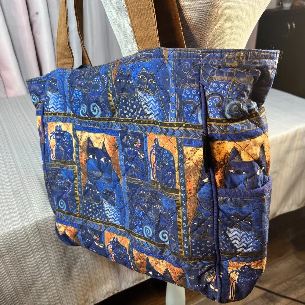 Laurel Burch Indigo Cats Patchwork Zippered Top Medium Tote - Picture 4 of 12